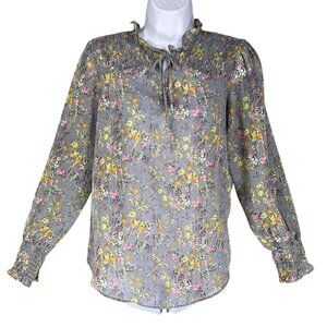 Alex & Lili Womens S Gray Floral Long Sleeve Bloomcore Blouse Smocked Yoke Cuffs